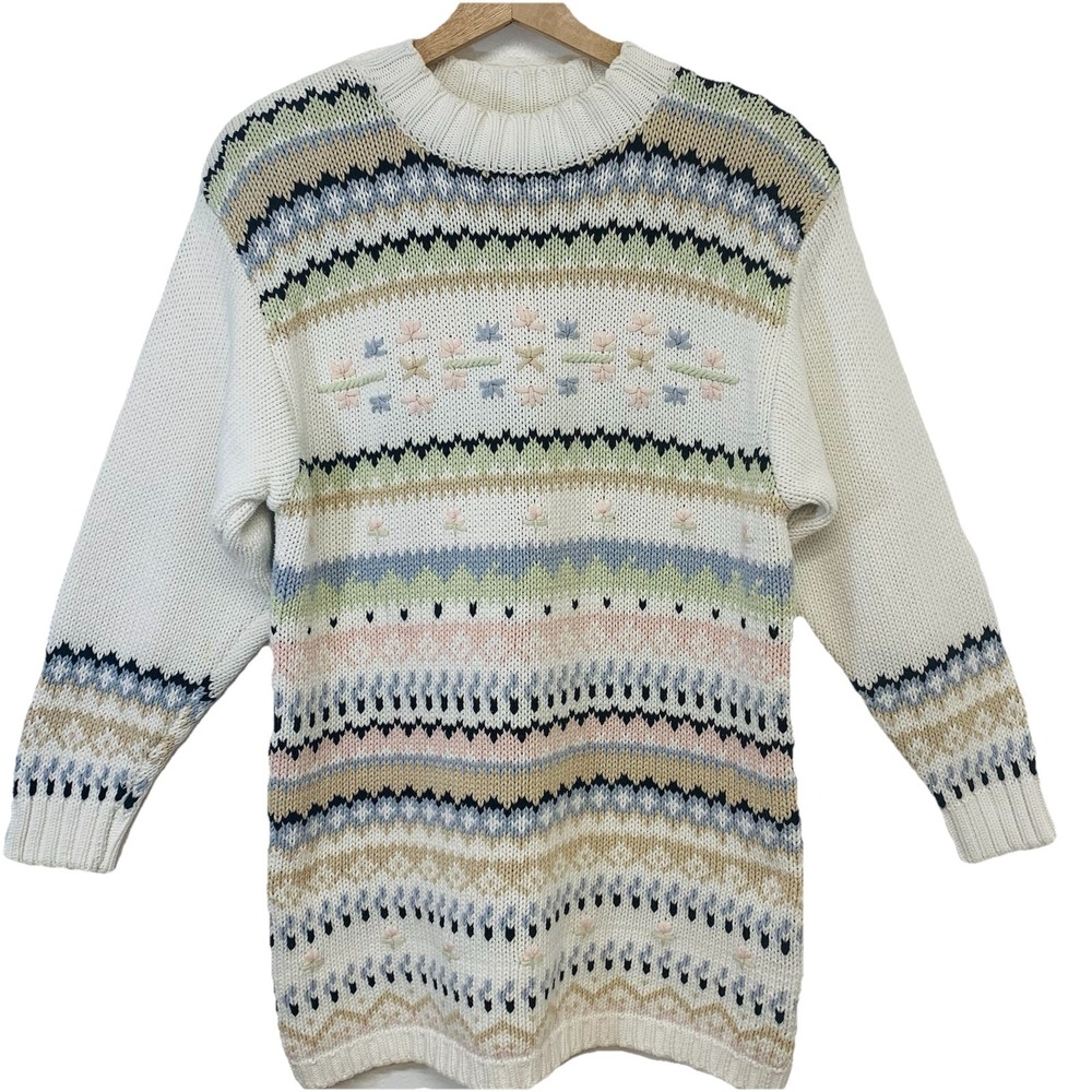 Vintage Liz Sport Fair Isle Embroidered Sweater Medium 100% Cotton Cottagecore‎